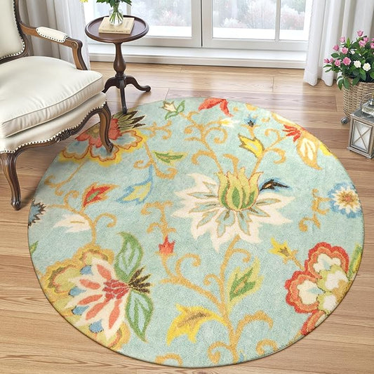 Lahome Collection Modern Floral Round Rug - 3' Diameter Non-Slip Distressed Area Rug Small Accent Throw Rugs Floor Carpet for Door Mat Entryway Bedrooms Laundry Room Decor (3 ft, Paisley)