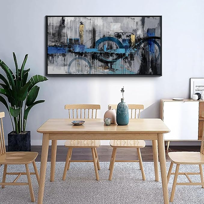 KLAKLA Blue and Gray Abstract Canvas Wall Art - Lnk Style Gold City Scenes Wall Decor Living Room Bedroom Decoration Black Frame Picture Artwork for Wall Modern Landscape Wall Decor