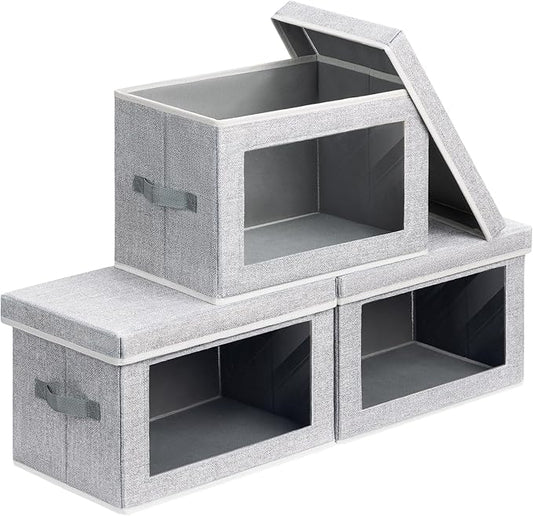 Storage Boxes with Lids - 3 Pack Fabric Clear Window Storage Bins, Collapsible Storage Bins with Lids, Linen Closet Organizer for Clothes, Towel, Blanket, Light Grey