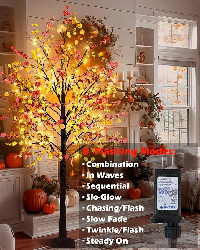 8FT Fall Lighted Eucalyptus Tree with 160 Led Lights Artificial Fall Light Up Tree Large Fake Autumn Tree Lights for Indoor Outdoor Fall Home Thanksgiving Christmas Decor