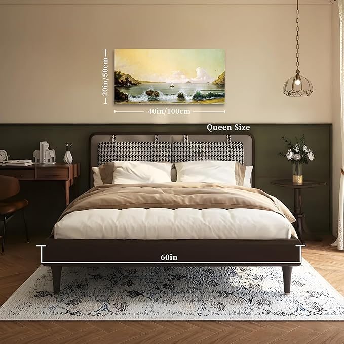 crmotu Large Landscape Wall Art, Beach Sunrise Dawn Vintage Painting, Bay Sailboat Scenery Art Prints, Coastal Wave Aesthetic Canvas Wall Decor Living Room Bedroom, Retro Nautical Pictures 20"X40"