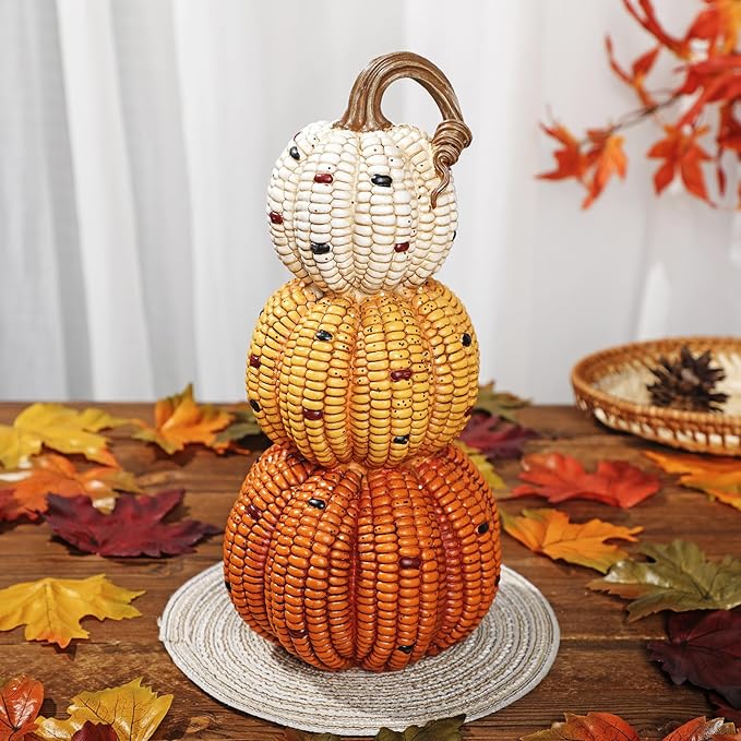 Briful Fall Stacked Corn Pumpkin Decoration – 10.6" Tall Resin Pumpkins Rustic Harvest Faux Pumpkin Decor for Thanksgiving Tabletop Centerpiece Outdoor Indoor Autumn Decor