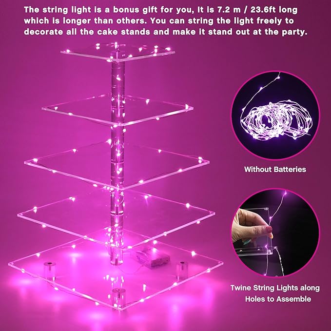 YestBuy Cupcake Stand – 5 Tier Premium Cupcake Holder – Acrylic Cupcake Tower Display – Cady Bar Party Décor –Acrylic Display for Pastry + LED Light String – Ideal for Weddings, Birthday (Pink)