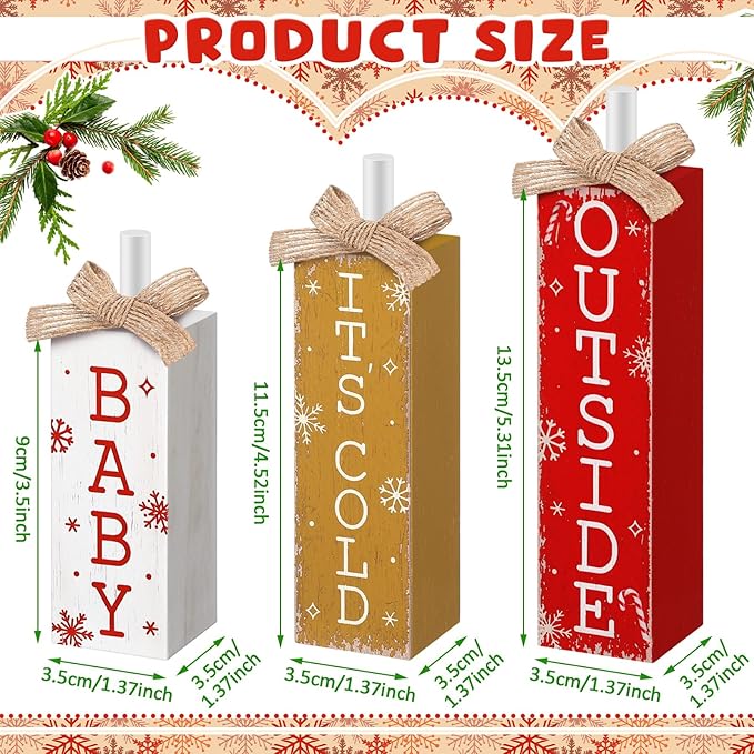 3 Pcs Winter Tiered Tray Decor Christmas Tabletop Decor Rustic Farmhouse Wooden Table Block Sign and Centerpieces It's Cold Outside Sign for Winter Wonderland Decorations Xmas Home Shelf