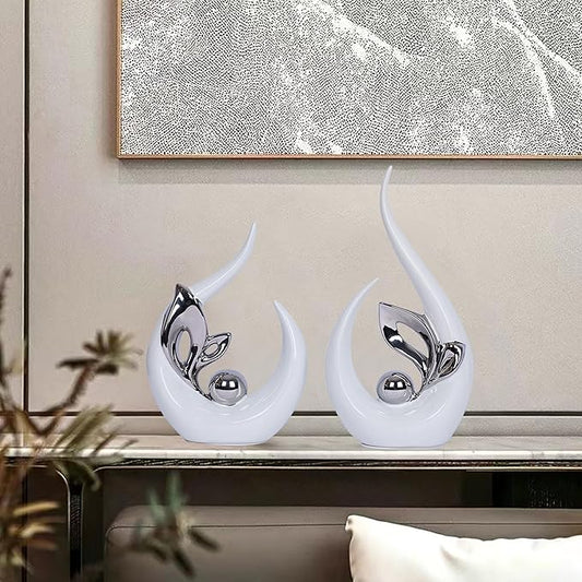 2 PCS White Decor Accent Ceramic Statue White Silver Mid Century Modern Home Decor Accents Sculpture Decorations Centerpieces for Living Room Kitchen Coffee Table Shelf Bookshelf Office Dining Table