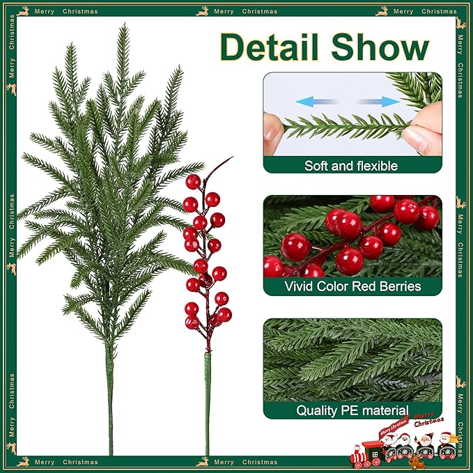 Artificial Faux Christmas Norfolk Pine Stems Branches for Vases,12 Bundles Fake Evergreen Real Touch Greenery Stem with 3 PCS Red Berry Branches for Xmas Holiday Winter Table Indoor Decor