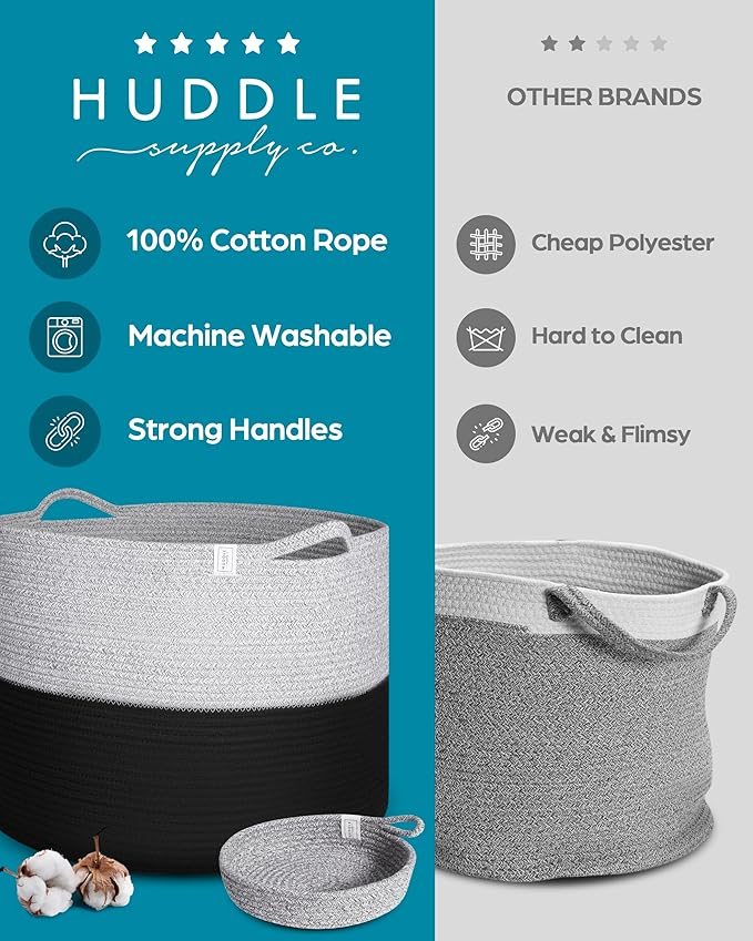 XXXXL WASHABLE 125L Extra Large Durable Soft Blanket Basket, Woven Decorative Cotton Rope Basket with Handles for Laundry, Living Room, Baby Toy Nursery Storage Organization Bin 24" x 17" (Black/Grey)