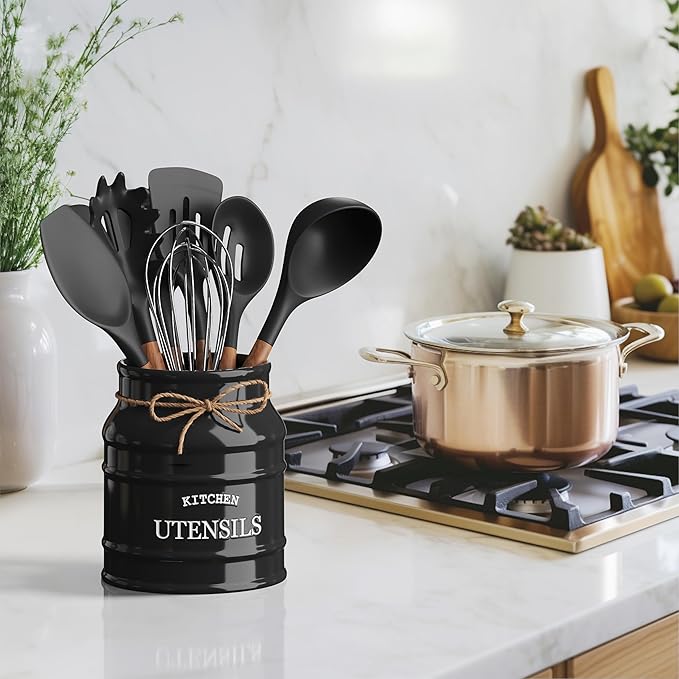 Barnyard Designs Ceramic Farmhouse Utensil Holder for Kitchen Counter, Large Rustic Utensil Crock, Countertop Cooking Tool Spatula Organizer, 6.75” (Black)