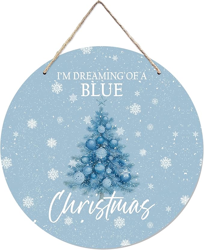 CGBHW Blue Christmas Tree Wooden Sign, Winter Holiday Theme Hanging Sign Wall Decor for Girls Room Home College, Aesthetic Christmas Xmas Snowflake Door Decor 12 x 6 Inch