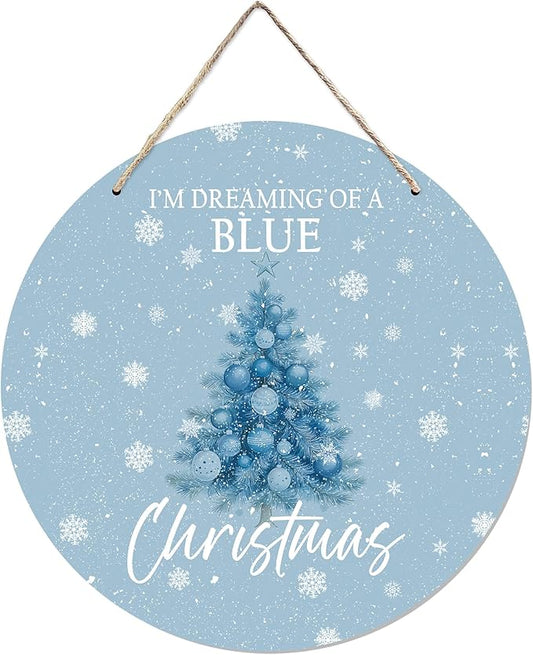 CGBHW Blue Christmas Tree Wooden Sign, Winter Holiday Theme Hanging Sign Wall Decor for Girls Room Home College, Aesthetic Christmas Xmas Snowflake Door Decor 12 x 6 Inch