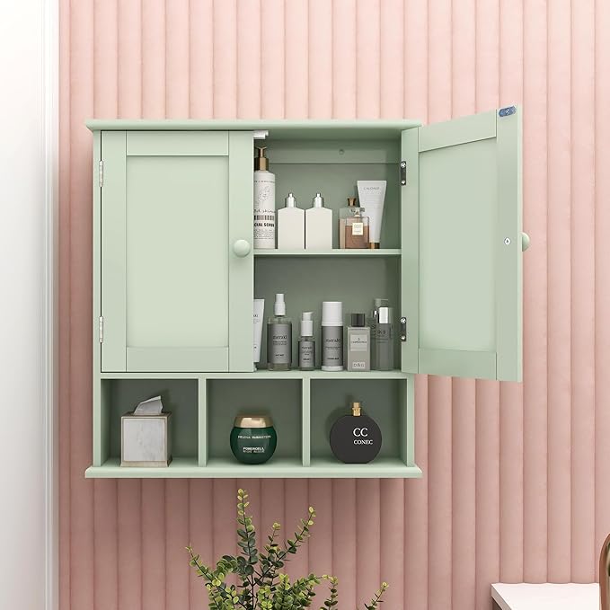 TaoHFE Green Over The Toilet Storage Cabinet with 2 Door Adjustable Shelves, White Wall Mounted Medicine Cabinet for Bathroom Laundry Kitchen