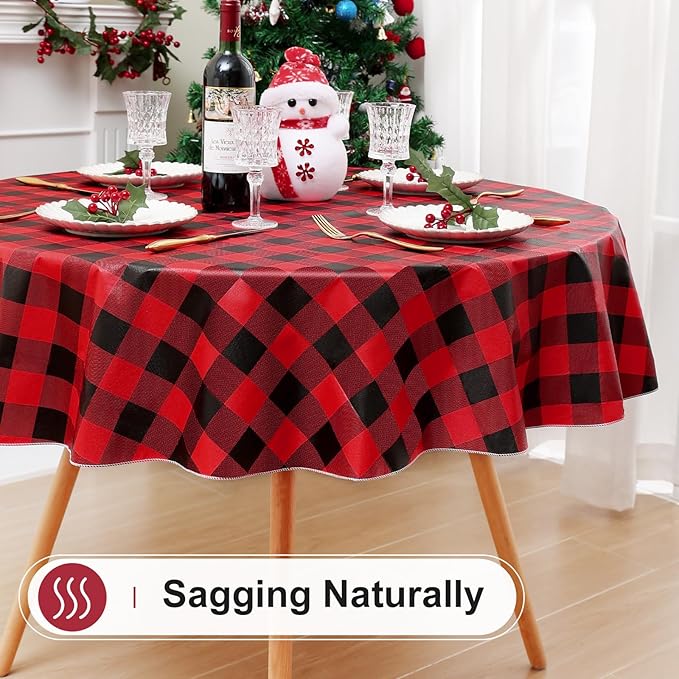 misaya Round Christmas Waterproof Vinyl Table Cloth, Buffalo Flannel Backed Tablecloth, Wipeable Plastic Table Cover for Dinner, Kitchen (60", Red and Black)