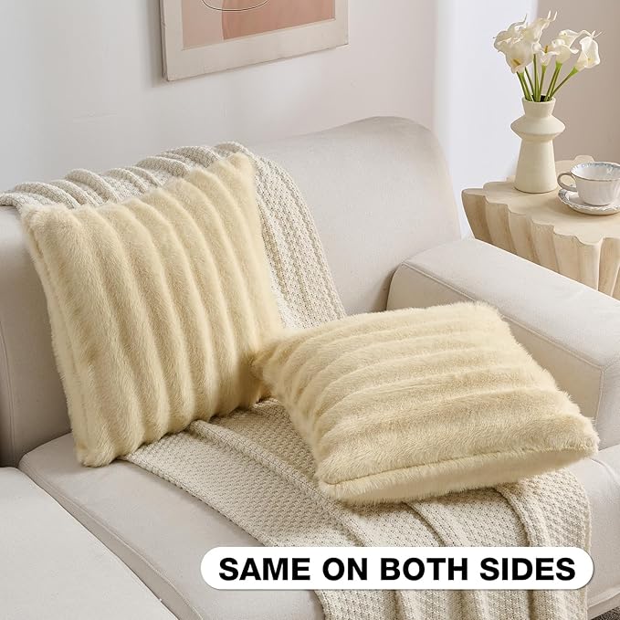 FUTEI Beige Decorative Throw Pillow Covers 24x24 Inch Set of 2,Soft Fluffy Faux Mink Fur Dyeing Striped Textured European Cushion Case,Modern Home Decor for Couch Bed Living Room
