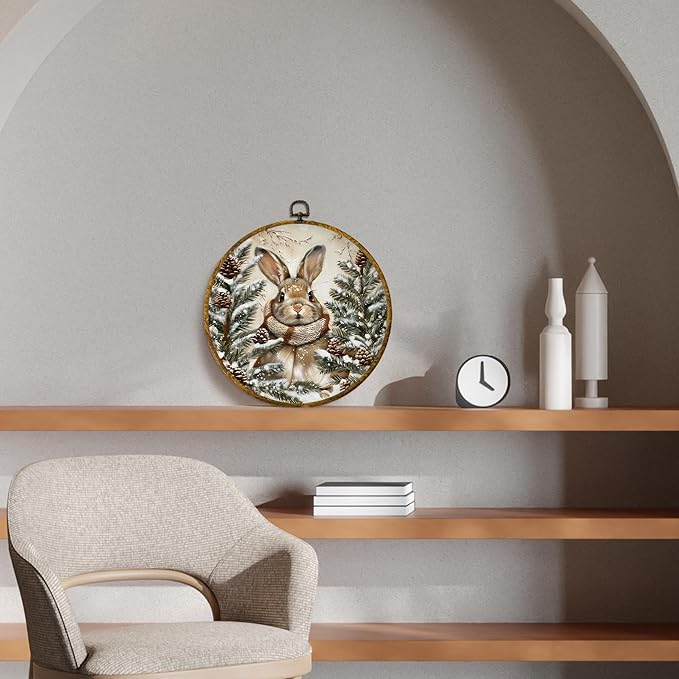 CUANFDDSF Vintage Boho Winter Bunny Round Wall Art Decor, Rustic Cottagecore Rabbit Pinecones Wall Hanging Frame Decor, Farmhouse Winter Bunny Canvas Prints Decorations for Home Bedroom, 10x10 Inch