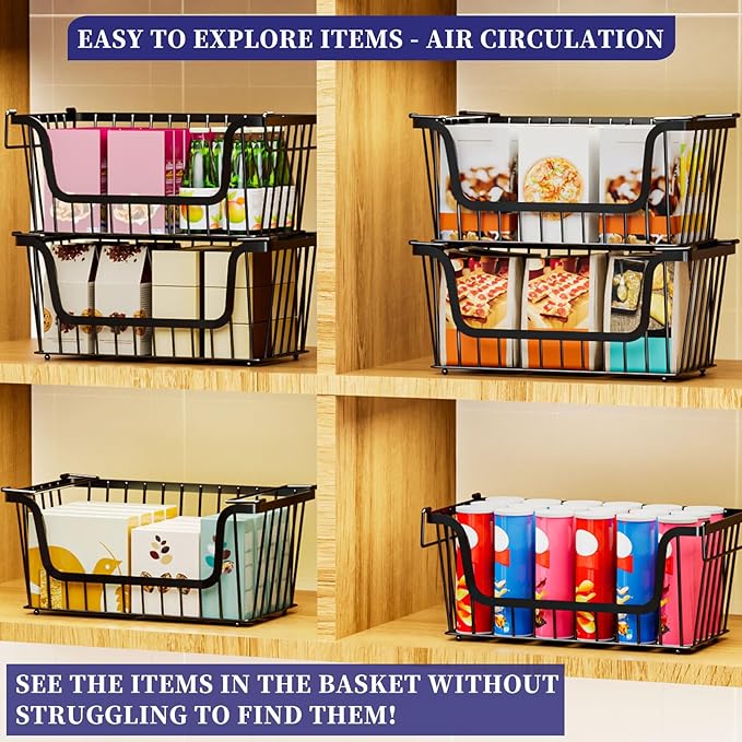Enhanced Leak-Proof Bottom Stackable Wire Baskets, 4 Pack Pantry Organizers and Storage, pantry storage，Shelf Baskets, Fruit Basket, Potato and Onion Storage Bins，(Black)