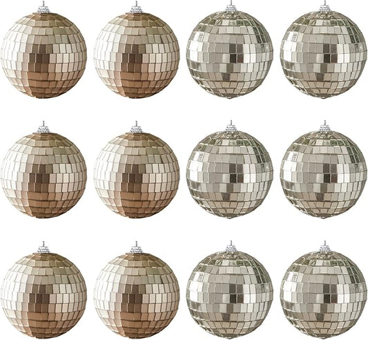 12 PCS Disco Balls Ornaments, Small Disco Balls Party Decorations, 3.15in Brown and Grey Glass Hanging Decor for Home Birthday Decoration KTV Party Decor Fall Decor Xmas Tree