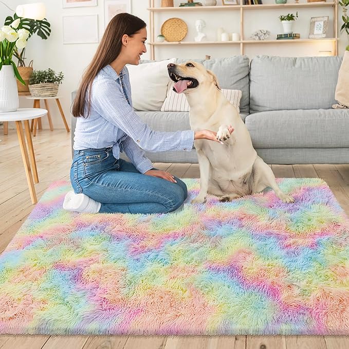 Small Fluffy Rainbow Colorful Area Rug for Girls Bedroom 3x5 Kawaii Tie Dye Rug Fuzzy Unicorn Throw Rug for Living Room Kids Nursery Baby Princess Room Living Room Home Decor Aesthetic Carpets