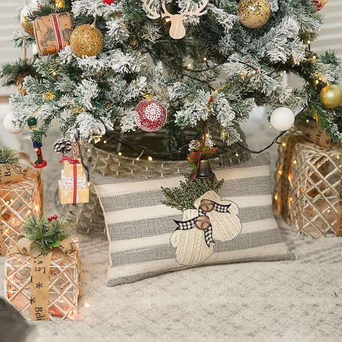 AVOIN colorlife Christmas Snowman Reindeer Gloves Eucalyptus Throw Pillow Covers, 12 x 20 Inch Winter Holiday Stripes Cushion Case Decoration for Sofa Couch Set of 4