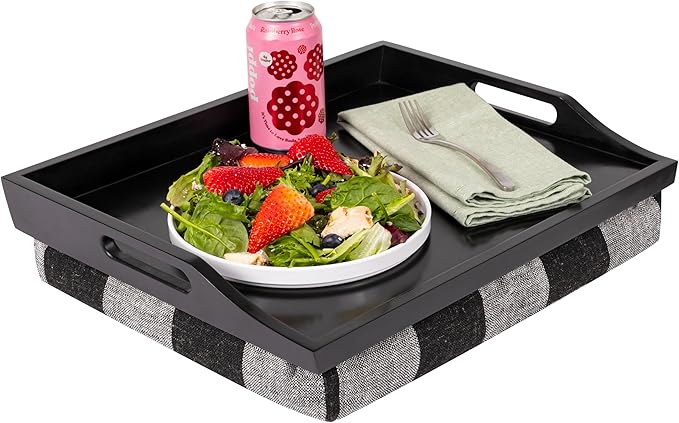 ROSSIE HOME Wood Bed Tray Lap Desk - Set of Two - with Hyacinth Storage Basket - Buffalo Check - Fits up to 15.6 Inch Laptops - Style No. 70108