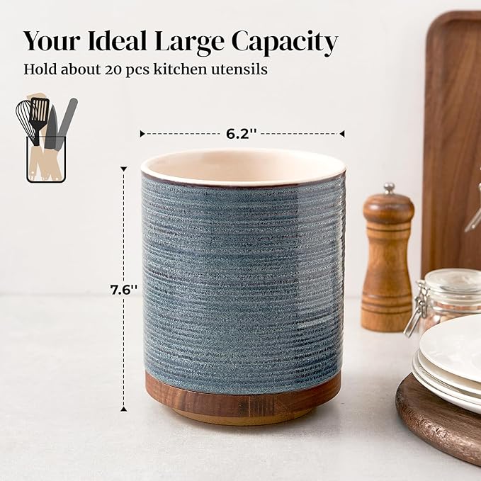 DOWAN 360° Rotating Extra Large Cooking Utensil Holder, 7.6" Kitchen Utensil Holder for Countertop, Utensil Crock for Farmhouse Kitchen Decor, Ceramic Stable Utensil Caddy, Blue