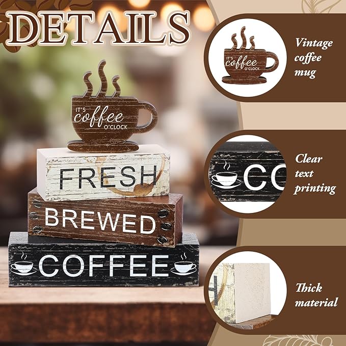 Geelin 4 Pcs Coffee Bar Decor Wood Blocks Mini Coffee Bar Wooden Signs Book Stacks Accessories Rustic Table Sign Farmhouse Tiered Tray Decor for Home Table