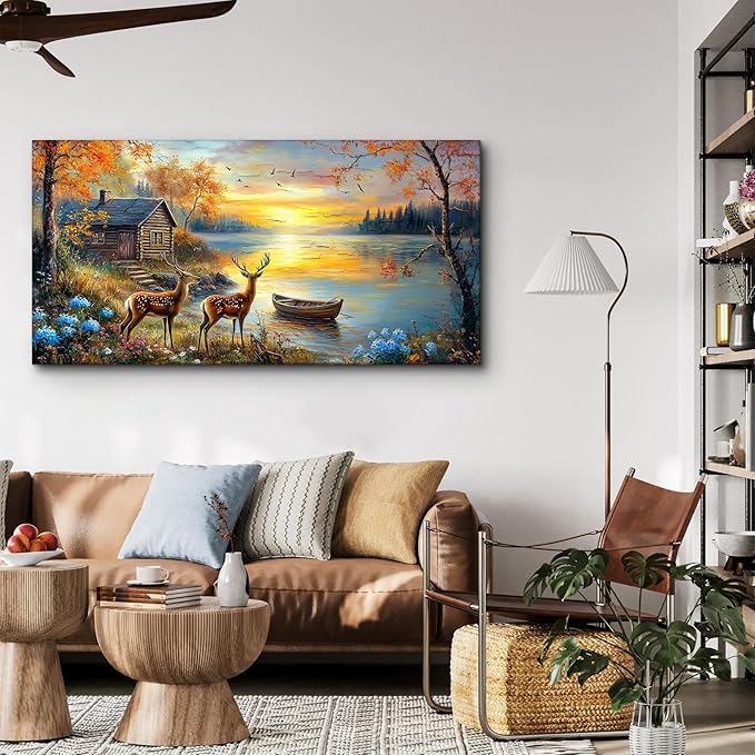 crmotu Rustic Deer Landscape Wall Art, Lake Cottage Pastoral Large Artwork, Nature Autumn Scenery Canvas Prints, Rural Sunset Wall Pictures for Living Room Bedroom Farmhouse Bathroom Decor 24X48 In