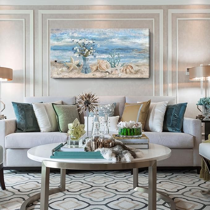 Large Canvas Wall Art for Living Room Seaside Painting Blue Sea View Ocean Theme Abstract Seascape Framed Artwork Coastal Beach Home Decor Daisy Flower in Indian Vase Picture Poster Print 24x48inch