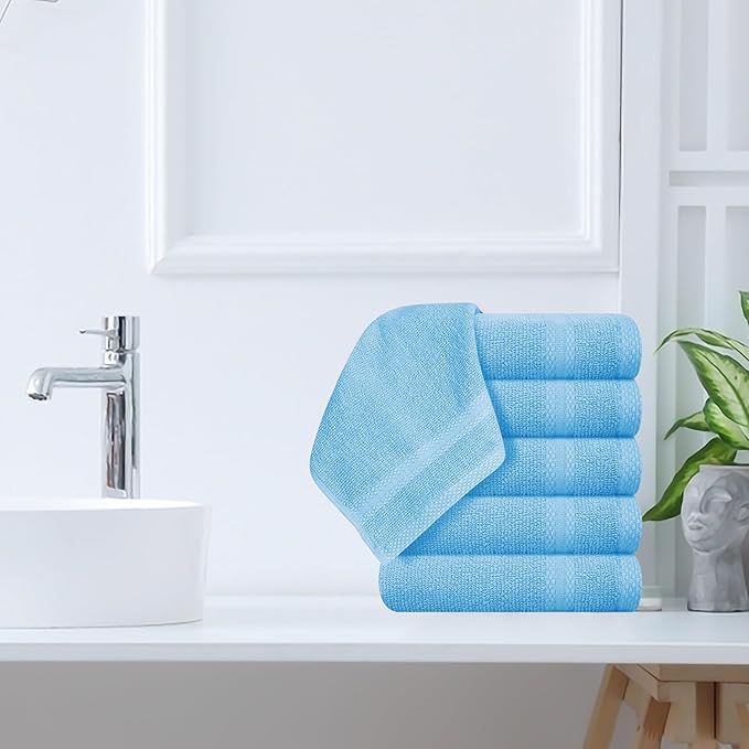 GLAMBURG Ultra Soft 12-Piece Washcloths Set 13x13-100% Ringspun Cotton - Durable & Highly Absorbent Face Towels - Ideal for use in Bathroom, Kitchen, Gym, Spa & General Cleaning - Sky Blue