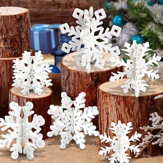 OuMuaMua 18 Sets Winter Christmas Centerpiece Table Decorations - 36pcs Wooden Snowflakes Decor 3D White Snowflake Tabletop Decor for Xmas Holiday Tiered Tray Desk Winter Farmhouse Home