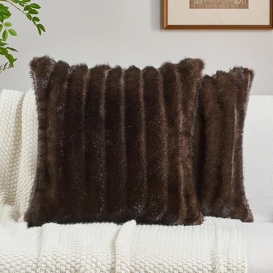 FUTEI Dark Coffee Decorative Throw Pillow Covers 18x18 Inch Set of 2,Soft Fluffy Faux Mink Fur Dyeing Striped Textured Cushion Case,Modern Home Decor for Couch Bed Living Room