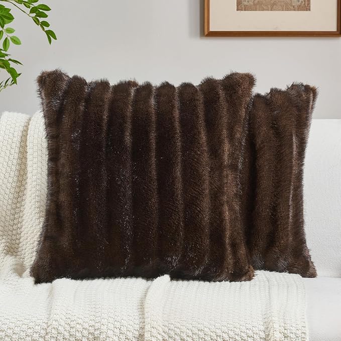 FUTEI Dark Coffee Decorative Throw Pillow Covers 24x24 Inch Set of 2,Soft Fluffy Faux Mink Fur Dyeing Striped Textured European Cushion Case,Modern Home Decor for Couch Bed Living Room