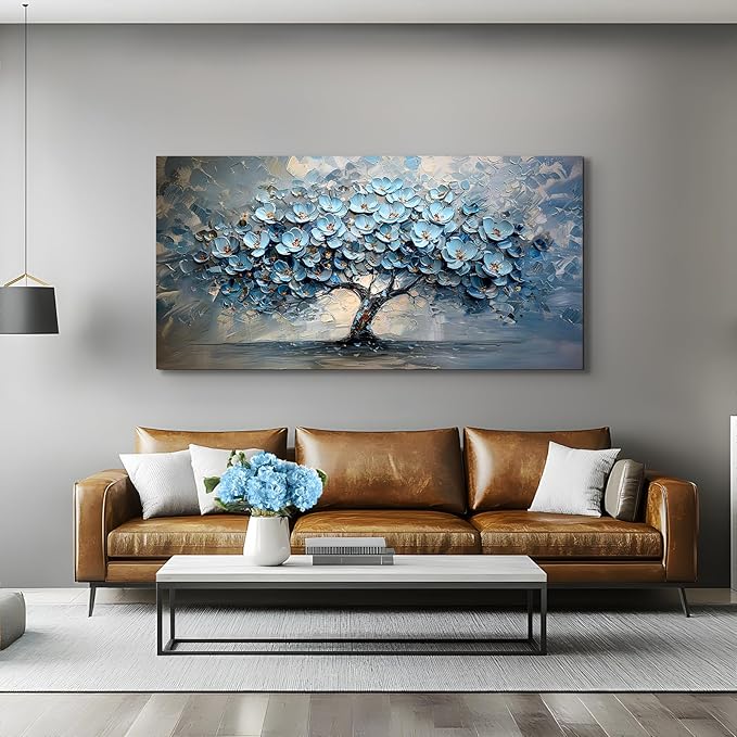 crmotu Tree of Life Large Wall Art for Living Room, Blue Floral Tree Abstract Canvas Prints Aesthetic Pictures, Modern Neutral Wall Decor for Bedroom Bathroom Office, Nature Botanical Decor 30"X60"