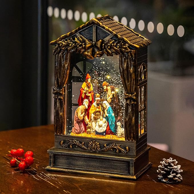 Christmas Snow Globe Lighted Manger Nativity Scene, Musical Window Water Lantern Play Silent Night Music in Swirling Glitter, Holiday Decorations Gifts for Family, Children or Friends