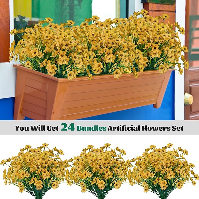 Lnoicy 24 Pcs Artificial Flowers for Outdoor,Plastic Flowers Decoration, UV Resistant Faux Flowers Shrubs, Artificial Plants for Indoor Outside Garden Home Wedding Farmhouse(Yellow)