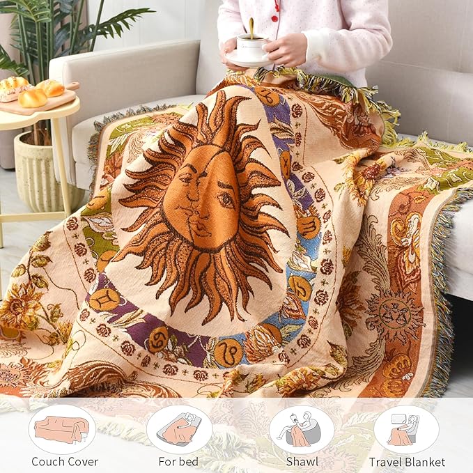 Boho Throw Blanket Reversible Cotton Bohemian Tapestry Hippie Room Decor Outdoor Blanket Double Sided (Boho Sun Yellow 50"x60")