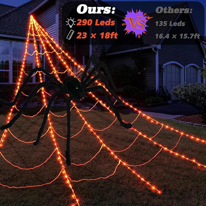 inst Spider Webs Halloween Decorations Outdoor 290LED Halloween Spider Web Lights Decoration with 78.7'' Large Spider & 3.53oz Stretch Cobweb 23Ft Giant Lighted Web with 8 Modes (Orange)