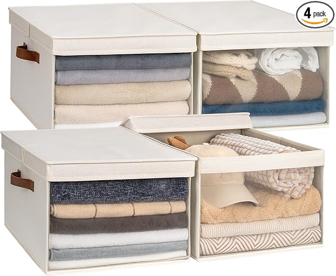 StorageWorks Storage Bins with Lid and Clear Window, Fabric Storage Boxes with Lids, Stackable Basket for Shelves, Closet Organizer and Storage Bins, Beige, Jumbo, 4-Pack