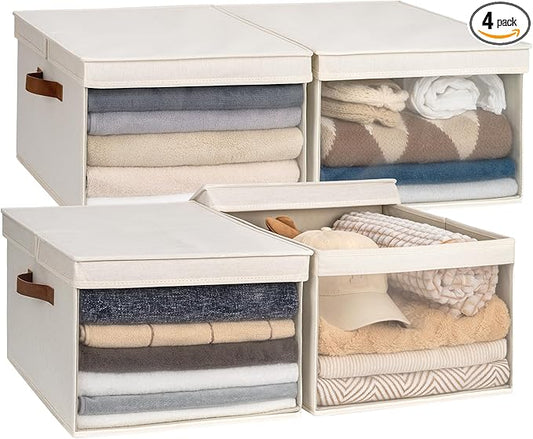 StorageWorks Storage Bins with Lid and Clear Window, Fabric Storage Boxes with Lids, Stackable Basket for Shelves, Closet Organizer and Storage Bins, Beige, Jumbo, 4-Pack