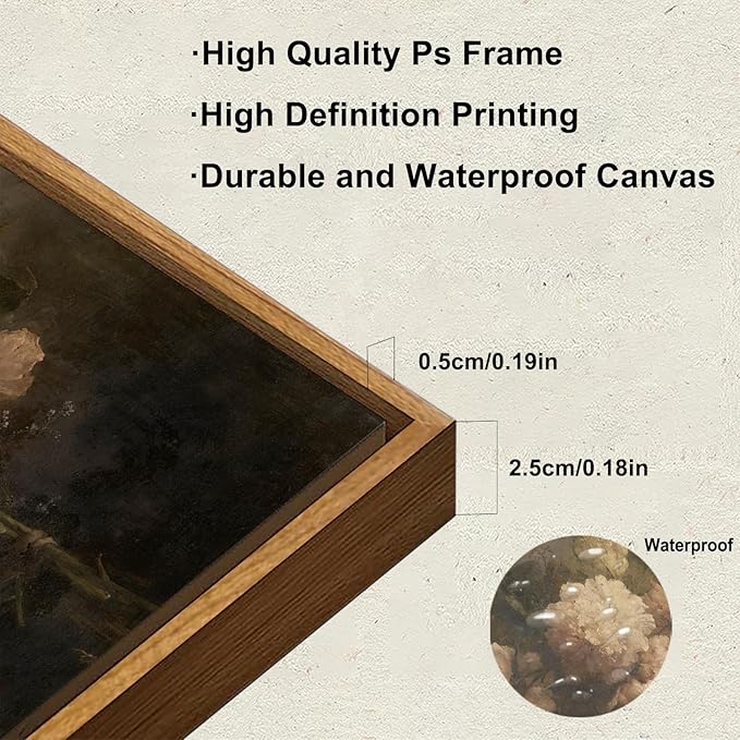 KBKBART Framed Canvas Wall Art Vintage , Dark Vintage Still Life Flower Canvas Oil Painting, Classical Moody Peony Bouquet Prints for Wall Decor, Antique Floral Art Painting Victorian Decor Artwork for Bedroom Living Room Bathroom Gallery(12"x16")