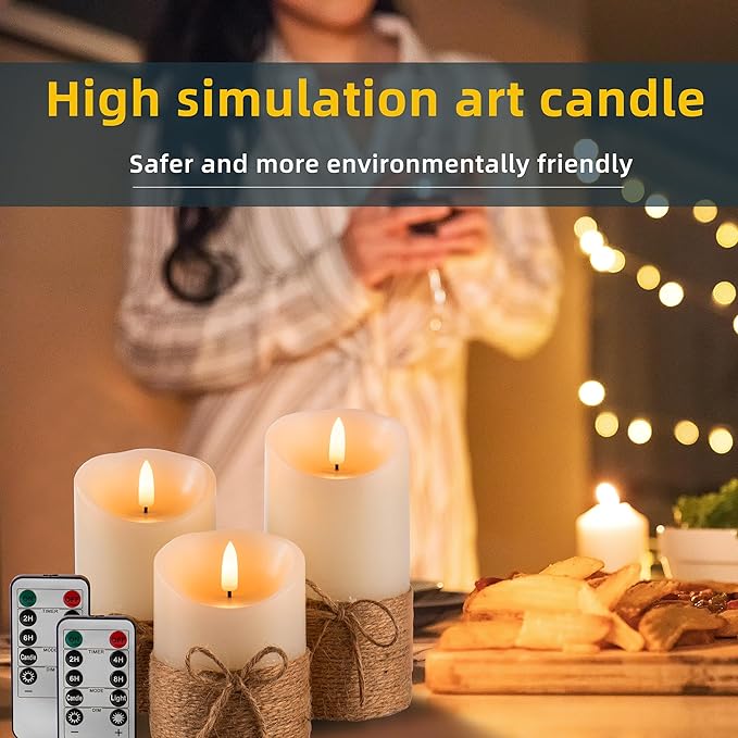Flameless Candles Battery Operated Pillar Real Wax Electric LED Candle Gift Set with Remote Control and Timer, 4" 5" 6" Pack of 3 (Ivory Wax with Hemp Rope)