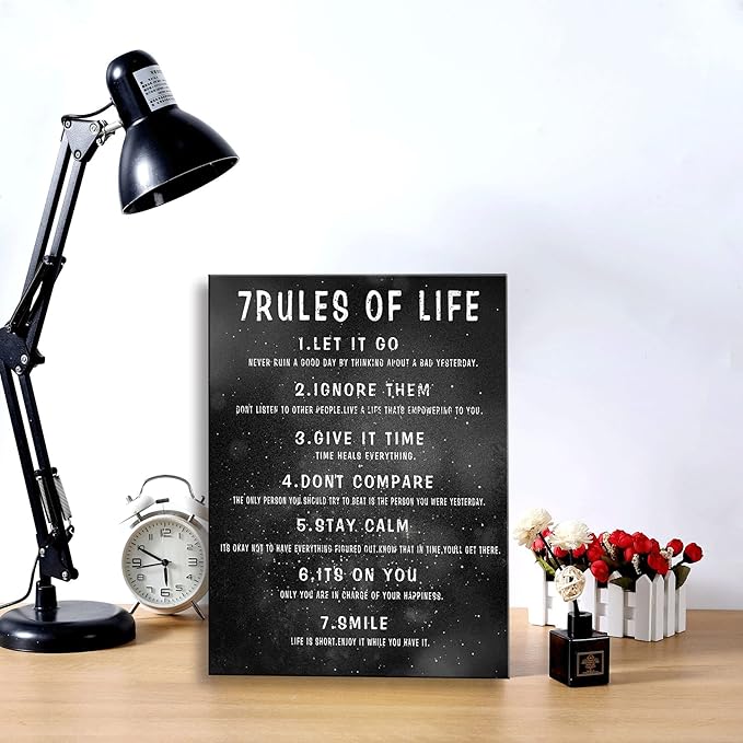 7 Rules of Life Wall Art Motivational Inspirational Poster Printed on Canvas Wall Decor for Living Room or Office Size11.5 x 15 Inch Framed Canvas Prints For Bedroom or Home Art Decoration Positive