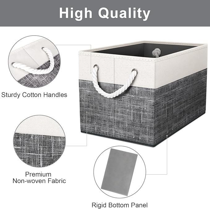 Fab totes Storage Bins [3-Pack], Foldable Storage Baskets for Organizing Toys, Books, Shelves, Closet, Large Storage Box with Rope Handles, Sturdy Organizer Bins, White & Black