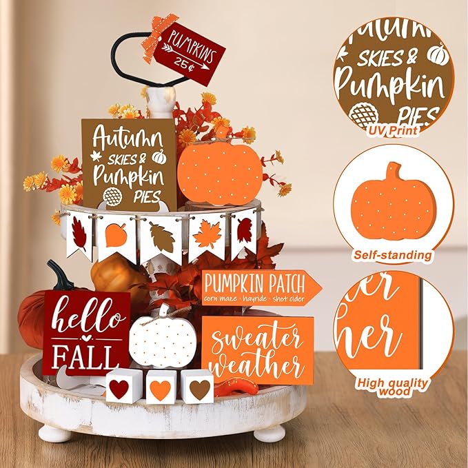Sumind 15 Pcs Fall Tiered Tray Decor Set Fall Decorations for Home Autumn Wood Signs Thanksgiving Orange Brown Table Signs Farmhouse Wooden Maple Pumpkin Gnomes Tabletop for Festival(Autumn)