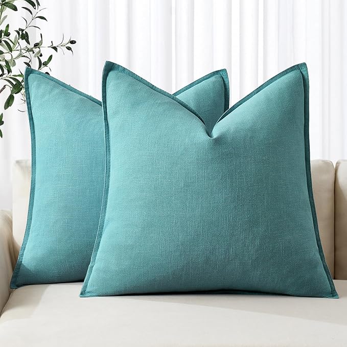 MIULEE Decorative Linen Pillow Covers 18x18 Inch Turquoise Boho Farmhouse Neutral Couch Throw Pillows for Bed Pack of 2 Accent Coastal Modern Pillowcase Summer Sofa Livingroom Home Decor