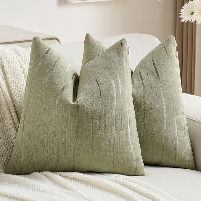 FUTEI Olive Green Chenille Decorative Throw Pillow Covers 20x20 Inch Set of 2,Soft Embossed Striped Textured Cushion Case,Modern Home Decor for Couch Bed Living Room