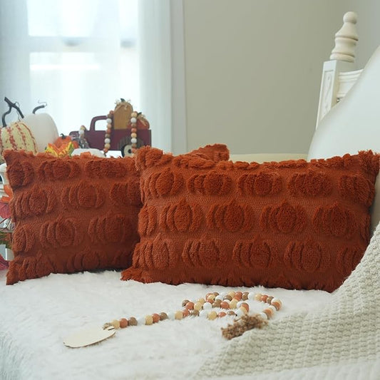 GEEORY Fall Pumpkin Throw Pillow Covers 12 x 20 Inch Set of 2, Autumn Soft Plush Faux Fur Wool Decorative Farmhouse Holiday Cushion Case for Home Decoration (Rust) GC001-12