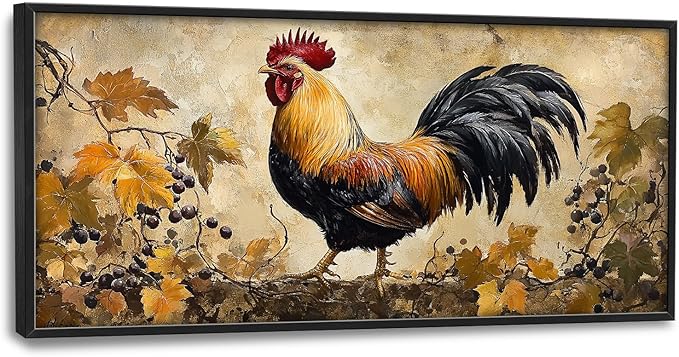 Flintis Large Rooster Framed Wall Art Vintage Chicken Grapevine Pictures Wall Decor Abstract Animal Canvas Painting Print Artworks Decor Framed for Living Room Bathroom Master Bedroom 60L X 30W