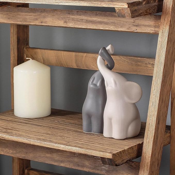 OwMell Set of 2 Loving Elephant Statue Figurine, 6" Elephant Ring Holder, Gifts for Couples Home Lucky Decor - Grey