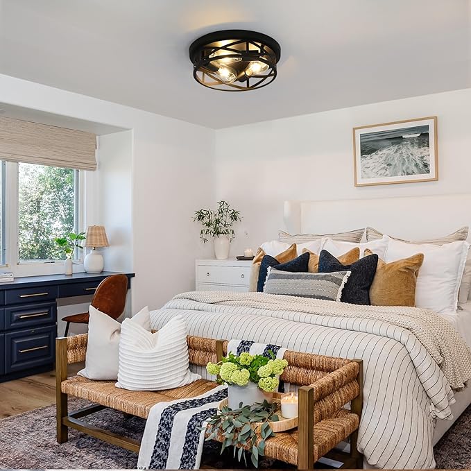 13 inch Black Flush Mount Ceiling Light Fixtures,3-Light Industrial Farmhouse Ceiling Light Fixture，Black Light Fixture Ceiling Mount for Kitchen Bedroom Living Room Hallway 1 Pack