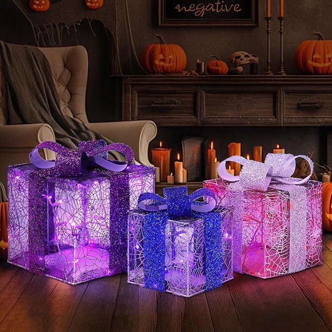 DomKom Plug-in Set of 3 Halloween Lighted Gift Boxes Decorations with 60 LEDs Metal Frame Halloween Present Boxes Decor for Holiday Home Indoor Garden Party Favors